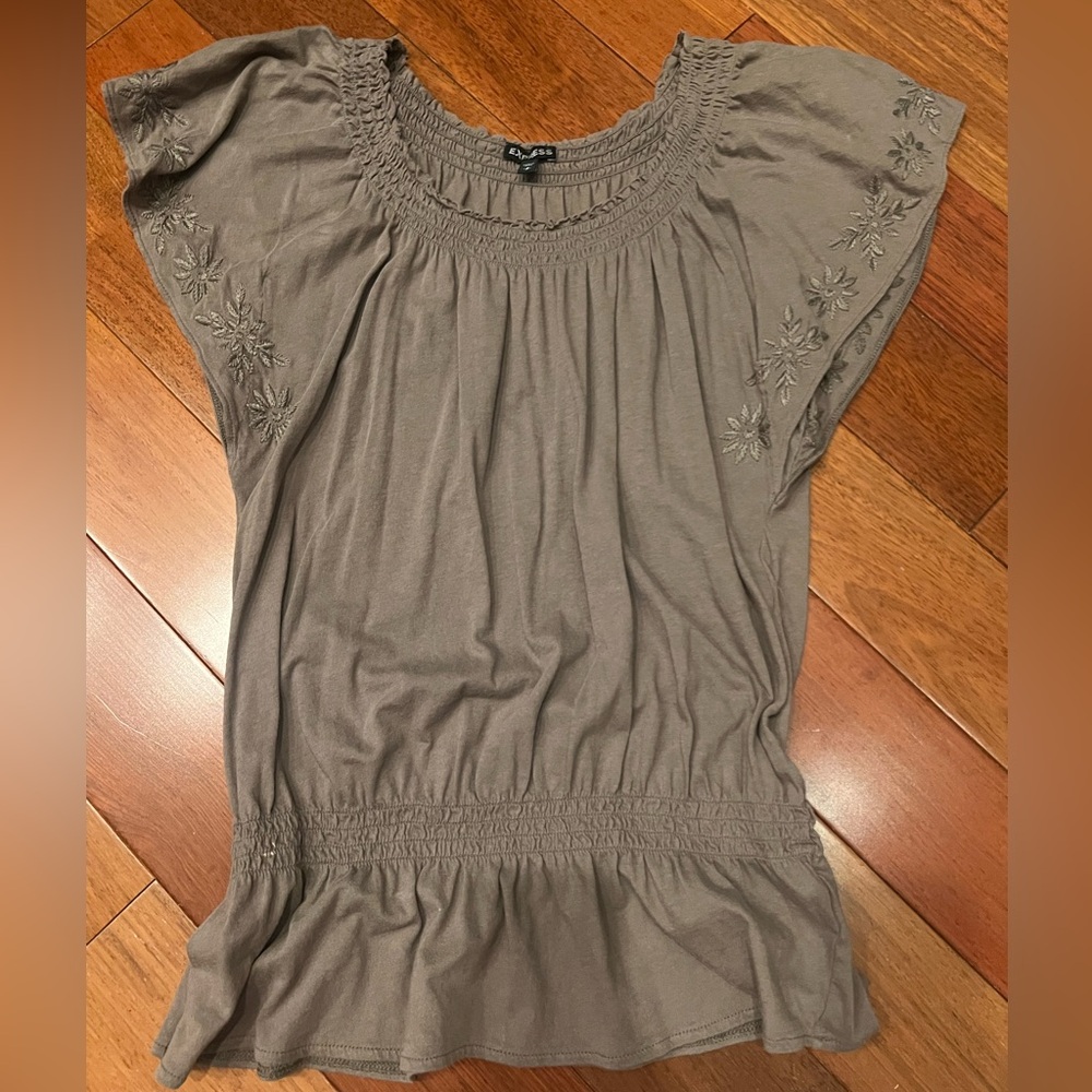 Express Taupe Blouse with Floral Embroidery